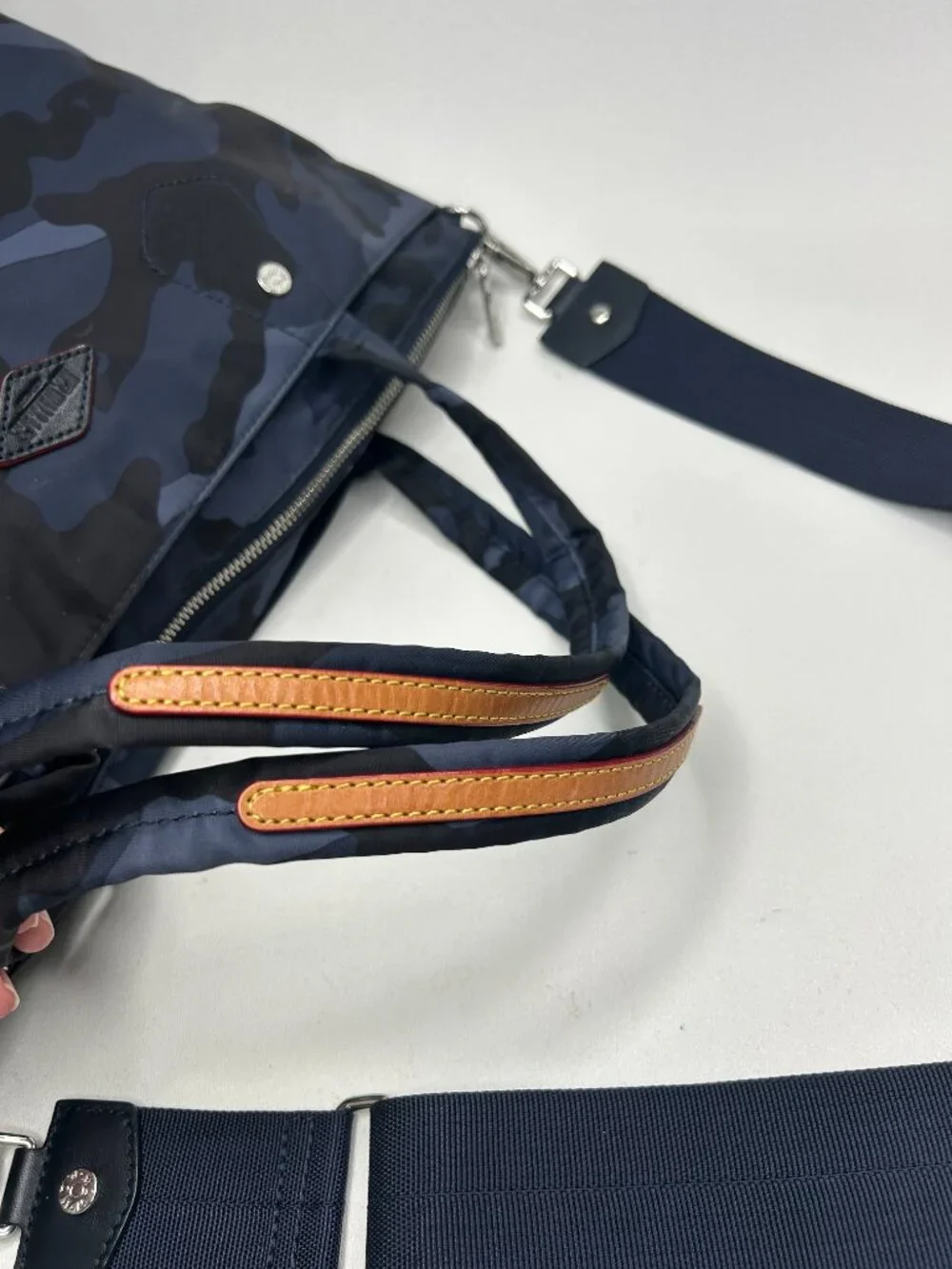 MZ WALLACE Medium Blue Camo Soho Crossbody Tote w/Pouch & Crossbody Strap